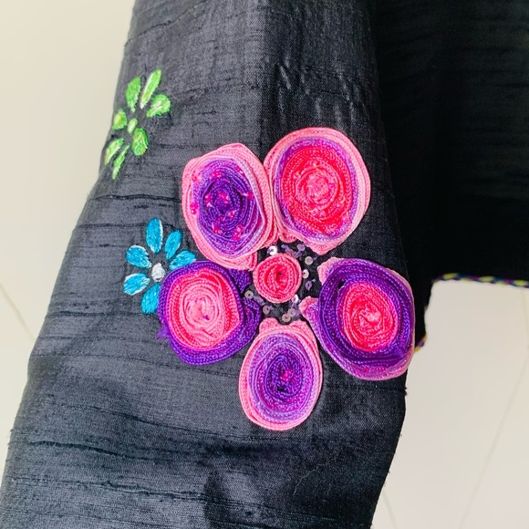 100% Silk Jacket Blazer Black Floral Embroidery Embellished Vibrant Anage XS - Picture 5 of 8